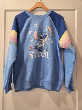 Disney Parks Stitch Sweatshirt Womens [M] Blue Pastel Rainbow Raglan Pullover
